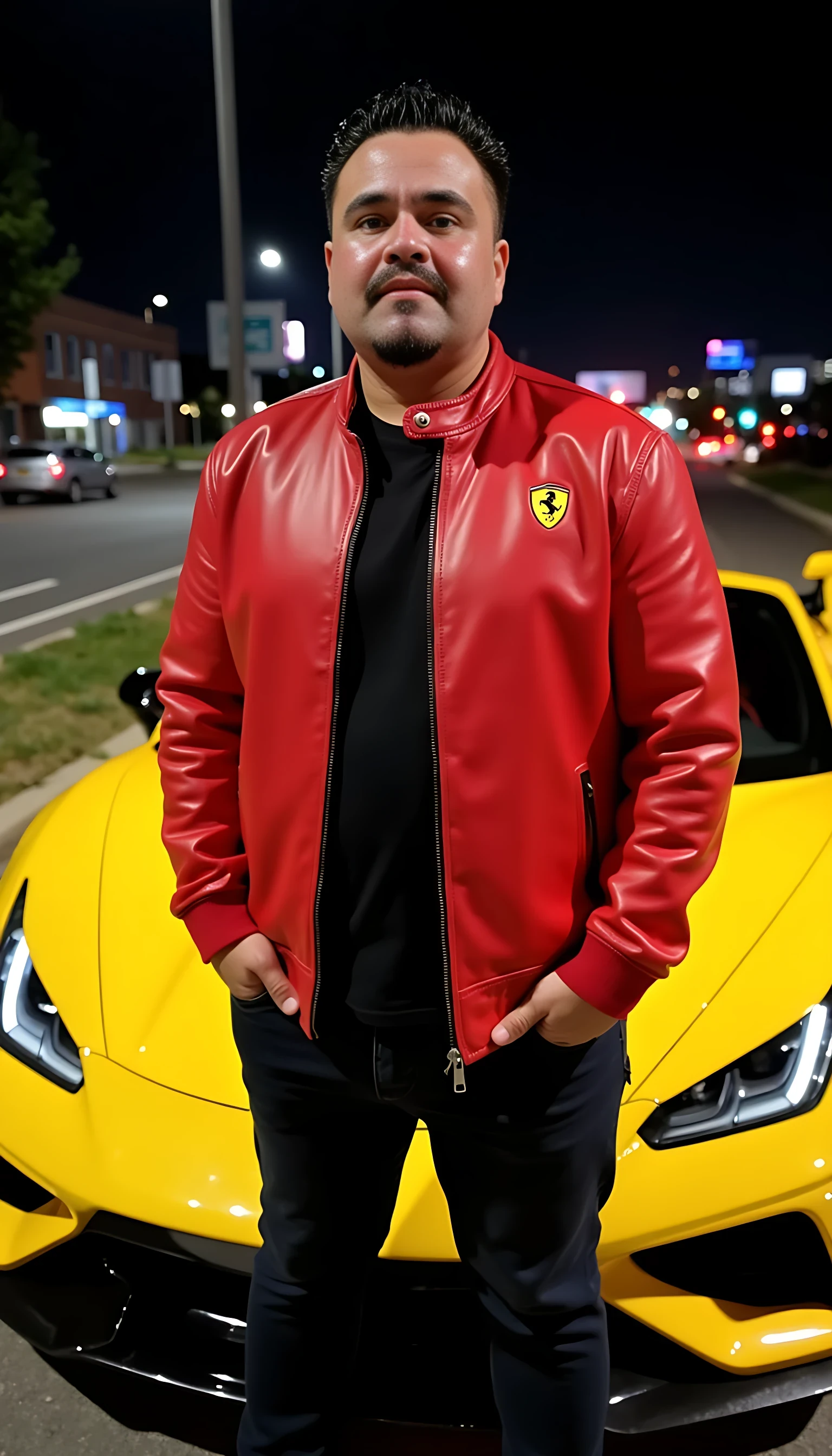 CSTMDL man average body  standing wearing red leather jacket with a Ferrari logo in front of a yellow Ferrari with city lights in the background 
