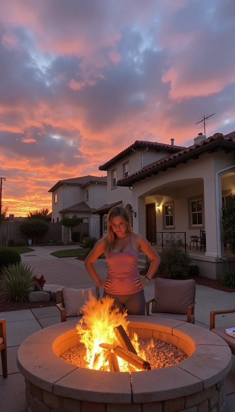 Photo of woman CSTMDL outside at beach house by fire pit at sundown