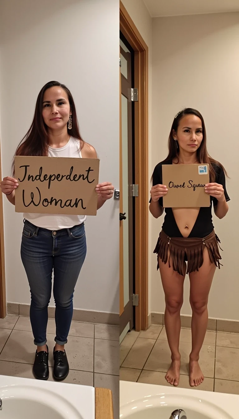 side-by-side two pictures of CSTMDL a young native, slim, woman, standing in front of an bathroom door at a restaurant. On the first picture on the left she wears a casual t-shirt and tight jeans, and holds a handmade sign with text "Independant Woman". On the second picture in the middle she wears a smoked hide leather fringe bikini, and holds a handmade sign with text "Owned Squaw".