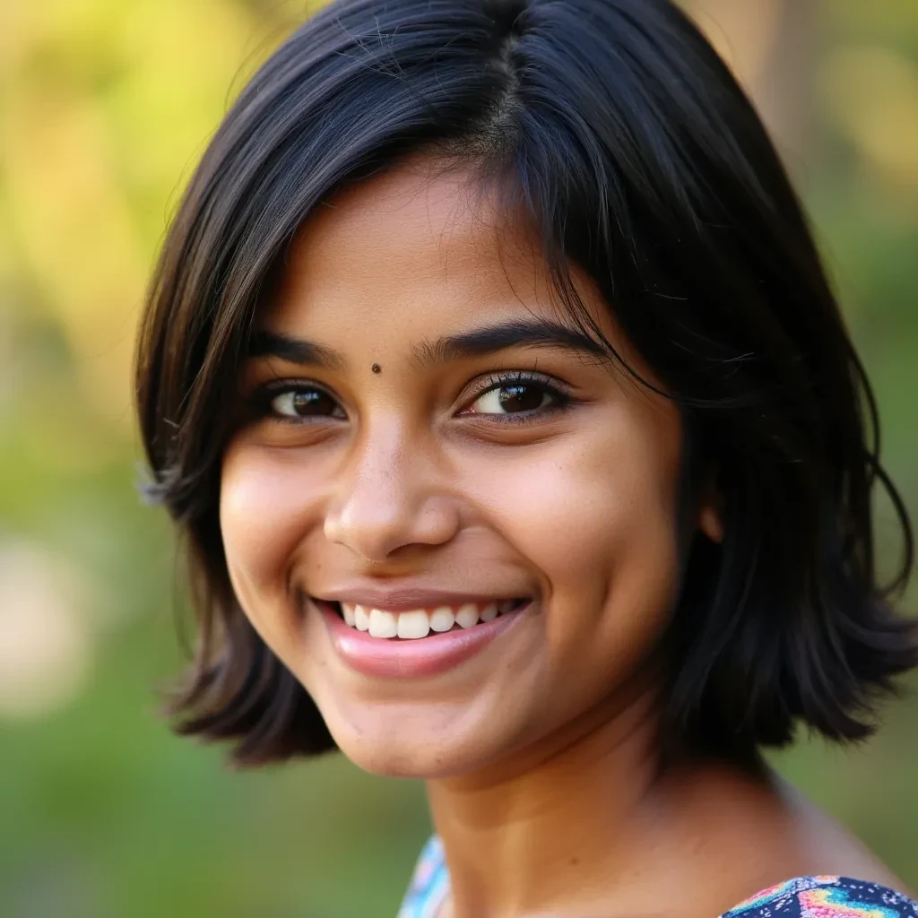 Portrait of a beautiful Indian girl with a defined jawline, short dark black hair, smiling warmly; brown eyes highlighted with soft eyelashes and expertly applied eye shadow, her face exudes natural beauty. Shot with a shallow depth of field, a soft Canadian outdoor background blurred for emphasis, natural golden-hour lighting, hyper-realistic detail, 8K resolution, professional studio quality."