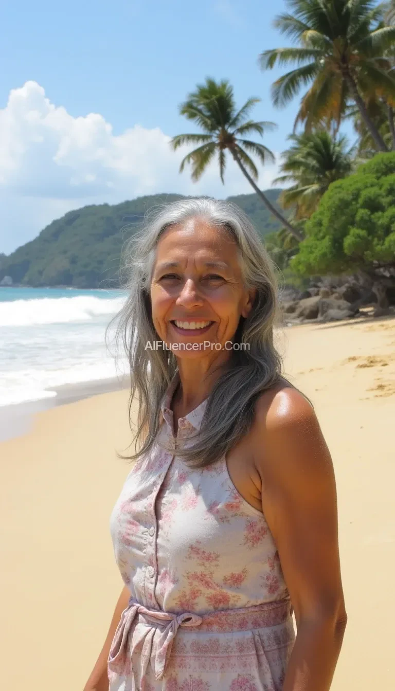 Generate three AI-style images of a 65-year-old woman with longer gray hair, ensuring her skin tone looks realistic and natural. The settings should include:

Beach in Bali: A full-body picture of her standing on a tropical beach in Bali, with a backdrop featuring sand, ocean waves, and palm trees under a bright sky.

The images should have an amateur photography style (not glamorous), with lifelike details while maintaining a subtly AI-generated appearance.