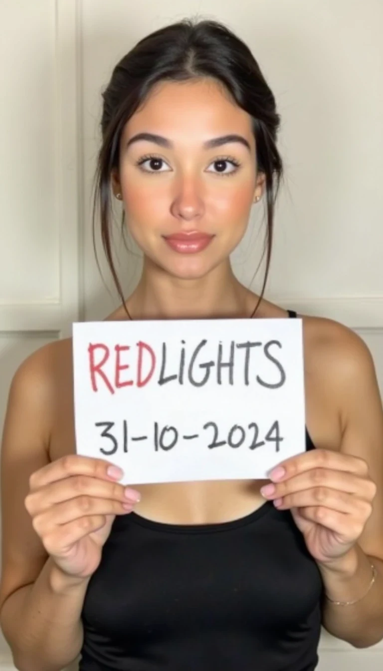 photo of woman CSTMDL,  woman holds a sign with handwritten text. She is wearing a black sleeveless top and has neutral makeup. The sign reads "REDLIGHTS" followed by "31/10/2024" in a simple script. The background is a plain, light-colored wall, providing a minimalist and uncluttered setting.