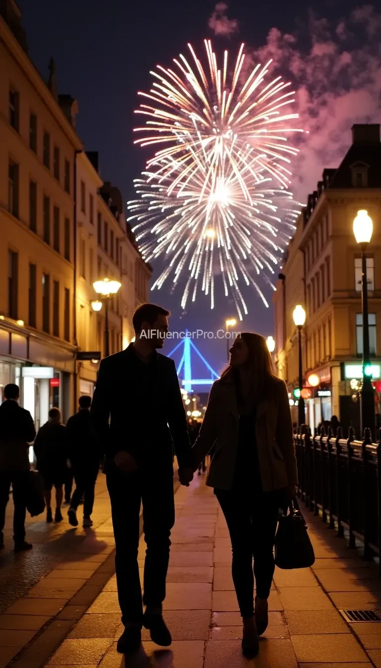 A man and a woman, hand in hand, stroll through the bustling streets of London, their faces illuminated by the glow of streetlights as they make their way toward the iconic London Bridge. The city hums with life around them, but they’re in their own world, caught up in the magic of the moment. As they reach the bridge, a spectacular fireworks display erupts in the sky, lighting up the London skyline in a burst of color. The couple pauses, their eyes reflecting the shimmering lights above, their hands clasped tighter as they share a quiet, contented smile. The noise of the crowd fades away, and all that matters is this moment, this shared experience, and the city they’re standing in.
