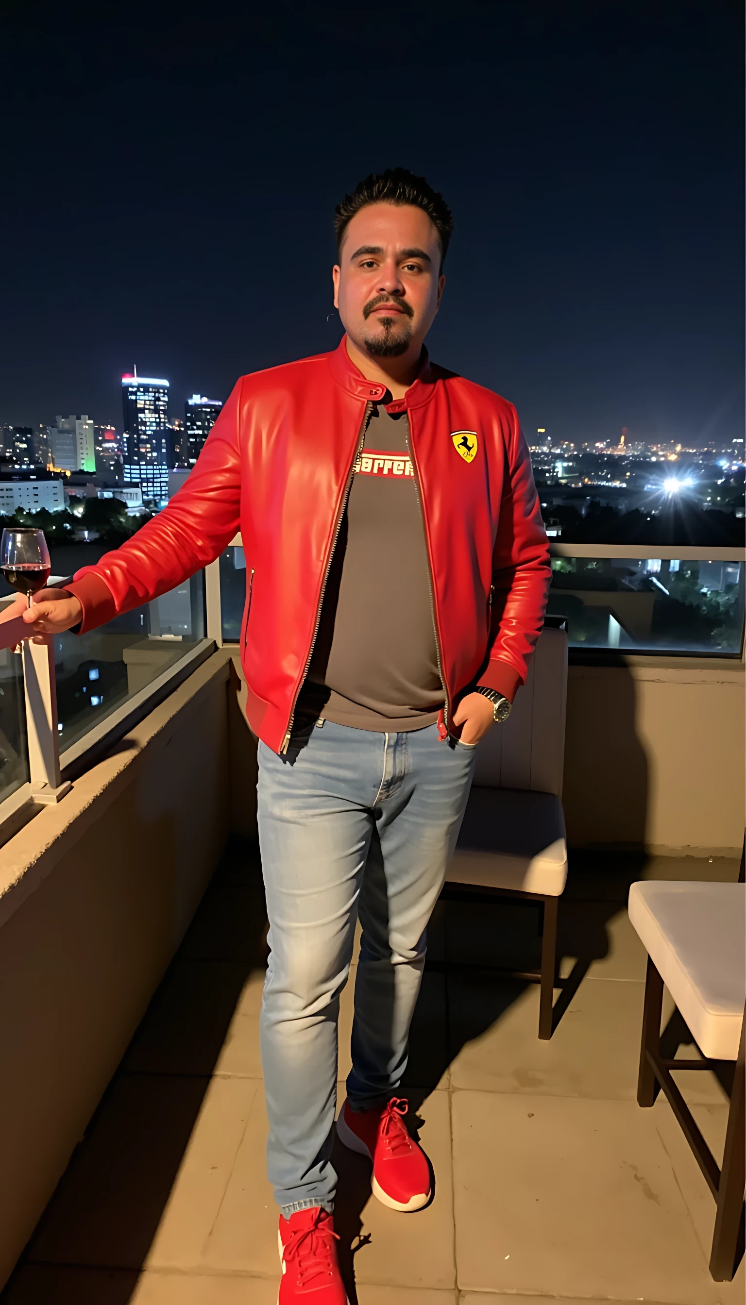  CSTMDL Man body wearing light blue jeans a red leather jacket with a Ferrari logo  red tenis shoes wearing a rolex watch standing on a nice restaurant  with a glass of wine on a rooftop city night lights  clear background 