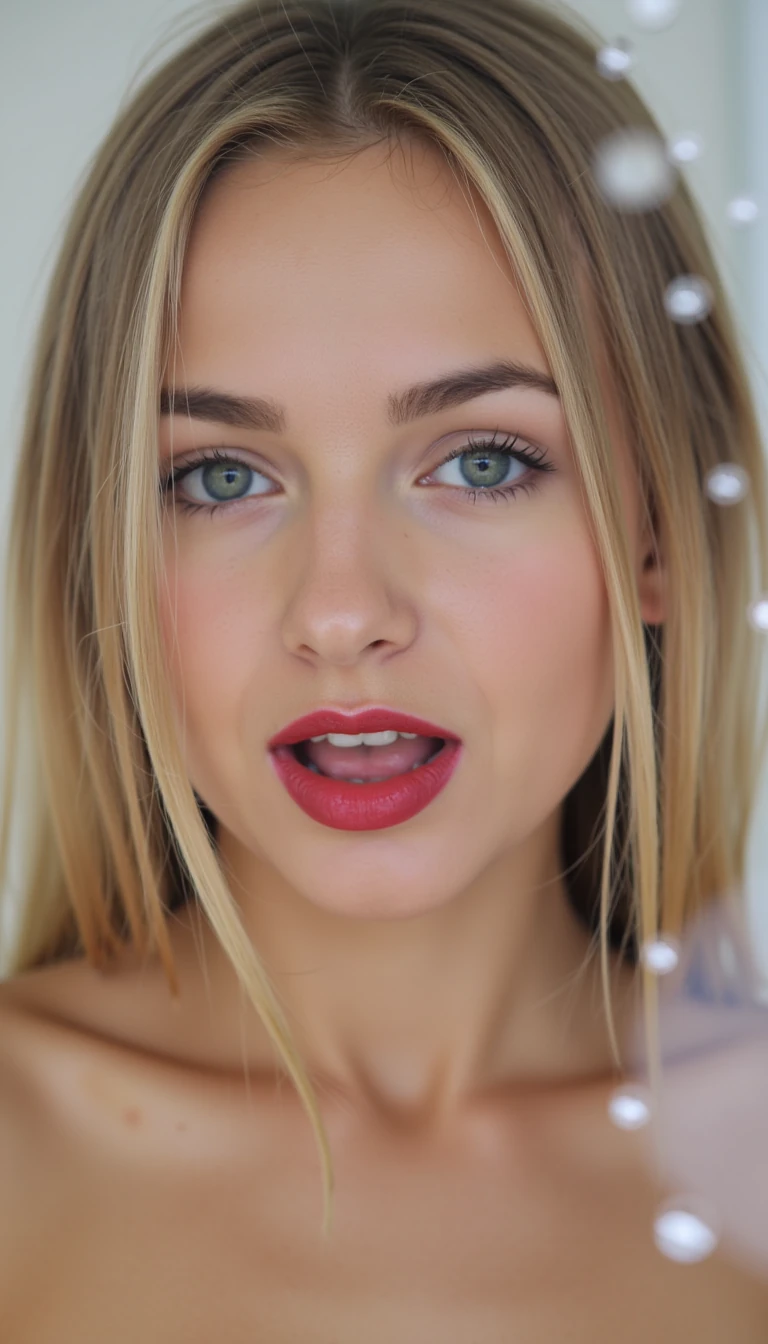 naked wet woman behind glass shower, droplets on the glass, smudged lipstick, blonde hair, big red lips blurred nudity behind glass, sensual vibes with pink dildo
