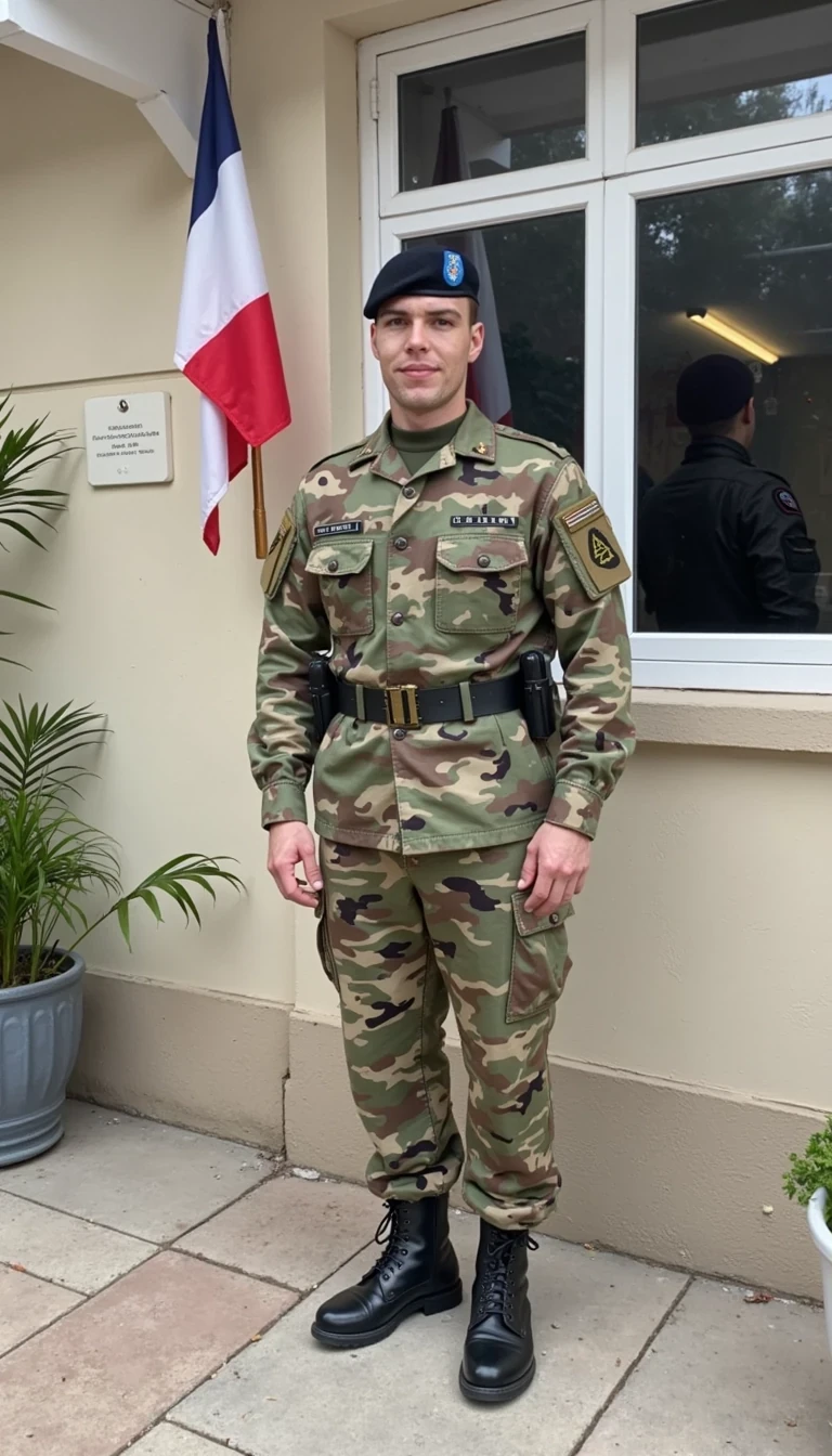 Wearing the French foreign legion military camo uniform standing outside a military barracks with the French flag on a wall, smiling and posing, skinny built
