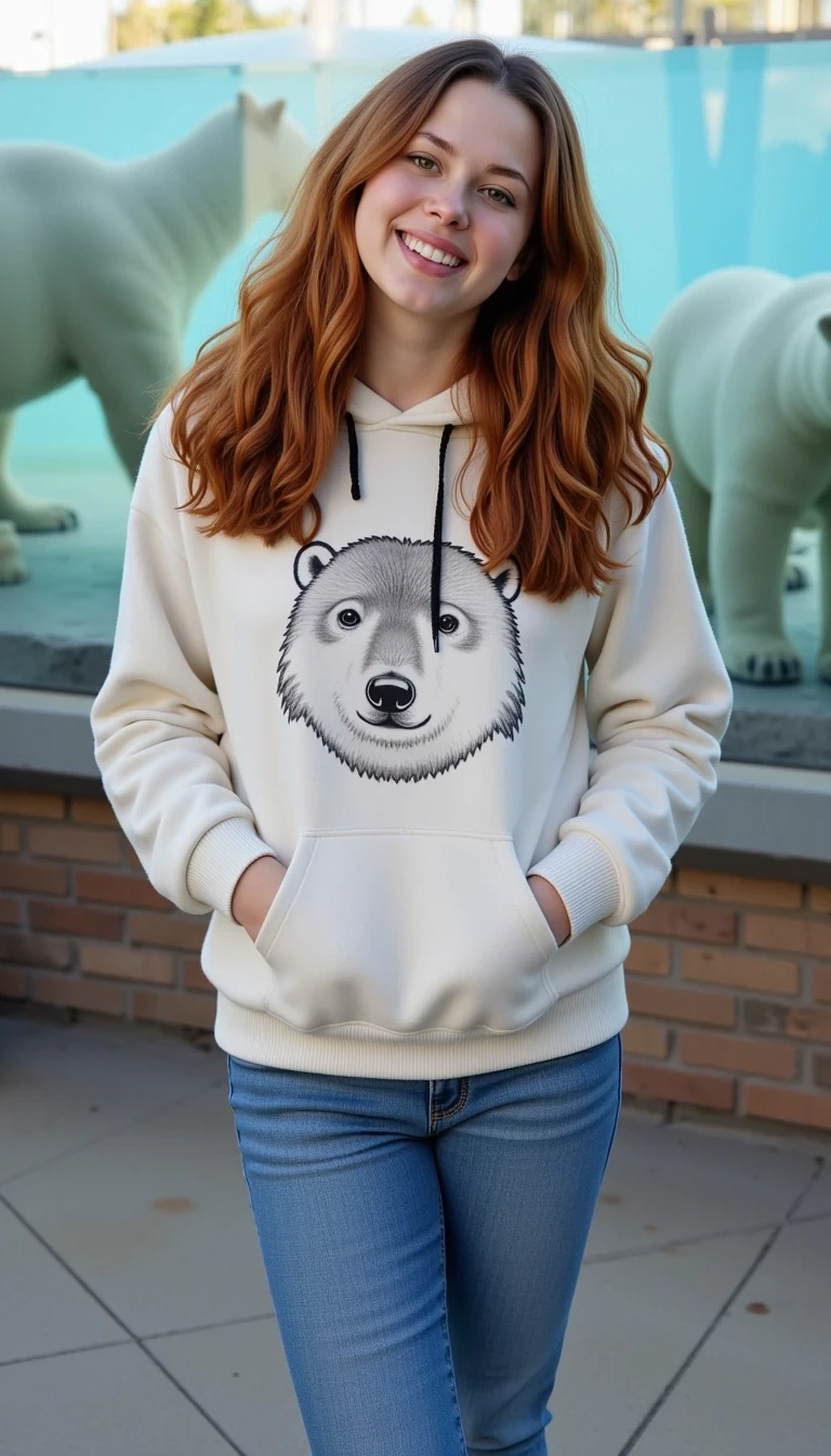 CSTMDL, Medium shot photo with fair skin showing natural texture and faint freckles, slim build, average tits, and long reddish-blonde hair worn loose, posing with one friend at the polar bear exhibit at San Diego Zoo, dressed in a young, vibrant outfit—a bear-printed hoodie in white from sustainable fleece with paw details, paired with jeans and boots. Her posture is enthusiastic, with arms linked, her face beaming with a curious smile directed at the camera. The friend, a freckled blonde with pale skin and a petite build, wears a blue jacket and grins. The background features a glass fence with polar bears swimming, with late afternoon light at 05:14 PM PDT adding a cool glow, next to a femal freind with shirt and pants on tall and dark skin 