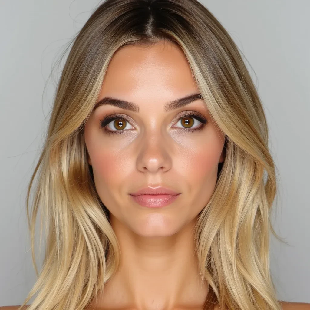 A realistic white American woman in her mid-20s with white skin. She has a naturally glowing complexion and an oval-shaped face with softly sculpted cheekbones. Her eyes are large, almond-shaped, and deep brown, framed by thick, natural eyebrows with a gentle arch and long, curled eyelashes. Her nose is medium-width, straight, and slightly curved at the tip. Her lips are full and naturally rosy with a defined cupid’s bow.

Her hair is blonde, thick, and healthy-looking, styled in loose, natural waves that fall just below her shoulders. It's parted slightly off-center, giving a casual yet polished appearance.