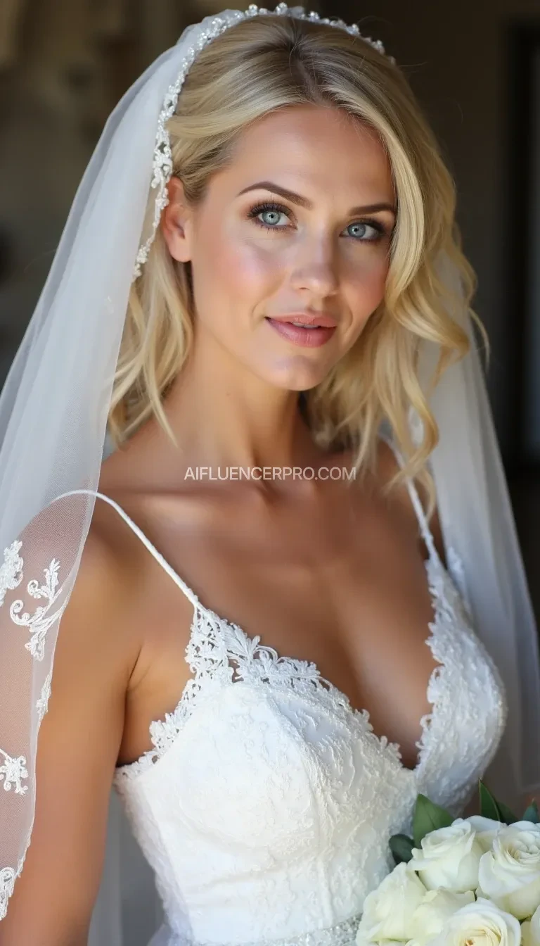 A beautiful women with blond hair and blue eyes wearing only a veil.