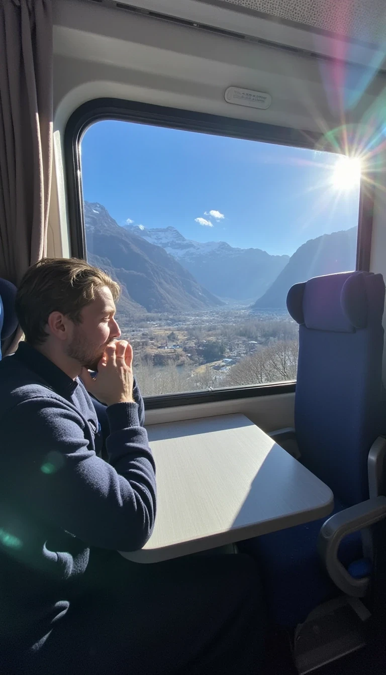 A long range low quality snap chat photo of CSTMDL looking out a train window towards the mountains of Switzerland where we can see majority of his body and the camera snapping the photo from the opposite side of the other seats facing him, the weather outside is cold but with the sun shining on the mountains peeks but having coverage of snow at the top of the mountain. he has his chin resting on one of his hands and the elbow on the base of the table with his head turned towards the scenery while the beautiful sunlight shines through the window. 