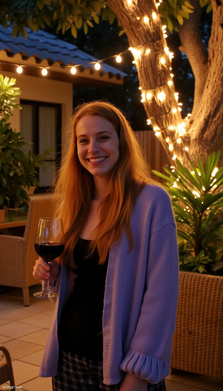 A full body shot photo of a woman standing outdoors at a cozy, warmly lit patio in the evening, with soft, glowing lights wrapped around a tree behind them creating a charming atmosphere. The image is rich in detail, with warm tones and clear textures throughout. The woman has fair skin, a slim build, and long reddish-blonde hair, also worn loose. She is smiling warmly at the camera, holding a glass of red wine in her right hand, and wears a soft-textured lavender cardigan over a black top. The background features a large tree with sparkling string lights wrapped around its trunk and branches, adding a magical touch to the scene. The setting suggests a private outdoor seating area, with elements like terracotta-tiled roofing, greenery, and rattan chairs contributing to a serene, inviting vibe. The overall composition is balanced, with the woman framed against the softly glowing tree, and the lighting enhances the warm, intimate feel of a quiet evening shared among friends. The details are vivid, with textures of clothing, skin, and background elements clearly visible, while the warm lighting creates a relaxed and joyful mood