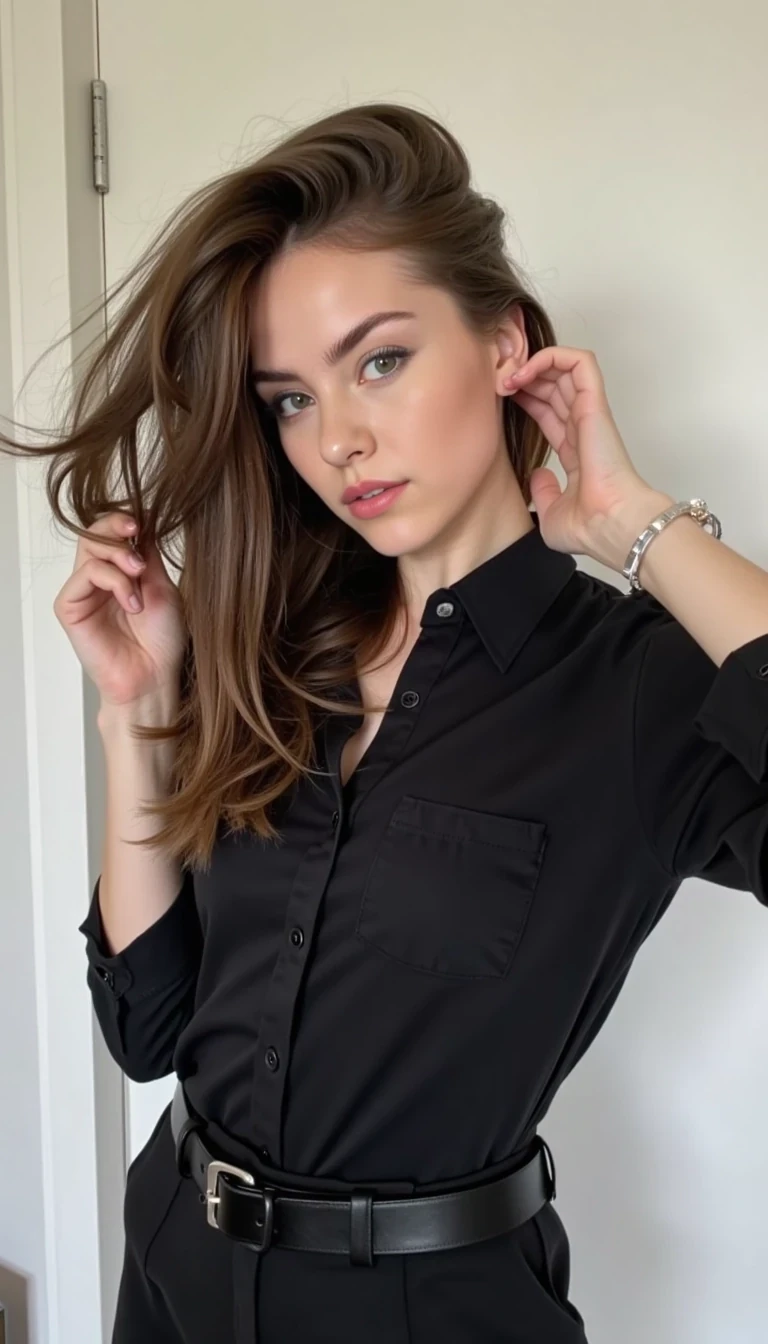 boring low quality snapchat photo circa 2015, 1girl, solo, long hair, brown hair, straight hair, natural hair, breasts, looking at viewer, simple background, white wall, living room, black pants, wool pants, pleated pants, shirt, long sleeves, closed mouth, smile, standing, cowboy shot, choker, belt, pants, lips, leotard, tight leotard, under the pants, sleeves past wrists, clothing cutout, eyelashes, hands up, makeup, black shirt, highleg, lipstick, black pants, pleated pants, wool pants, hair over shoulder, facing viewer, black leotard, eyeshadow, contrapposto, highleg leotard, pink lips, nose, black belt, photo (medium), red lips, eyeliner, strap, tight, mascara, eyeliner, tight pants, fingers, black pants, wool pants, pleated pants, formal, amateur photo, selfie, snapchat photo, natural pose, touching her hair