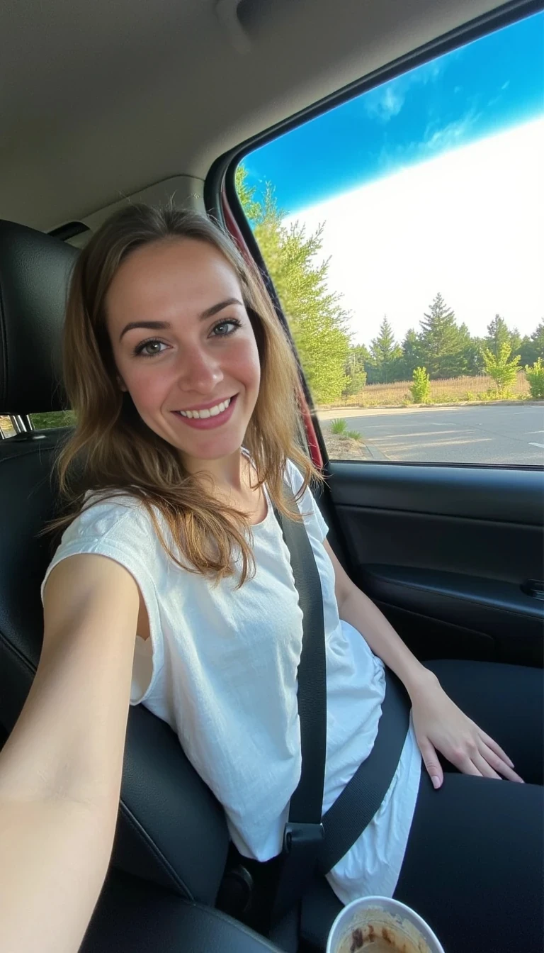 boring low quality snapchat photo circa 2015, A young woman with a warm smile, sitting in the driver's seat of a cozy car. She has soft, wavy brown hair cascading past her shoulders. The sunlight streams through the window, casting a gentle glow on her face. The interior of the car is neat and comfortable, with a coffee cup in the cup holder and a small plant on the dashboard. The background outside the window shows a scenic road lined with trees and blue skies