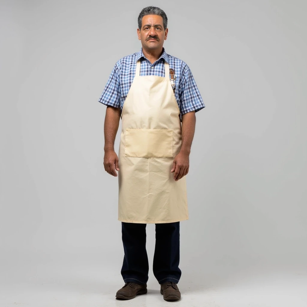  a full body photo of a casula regular man 55 years old colombian , He is wearing a blue and white checkered shirt, a clean beige work apron, dark pants, and simple shoes. 