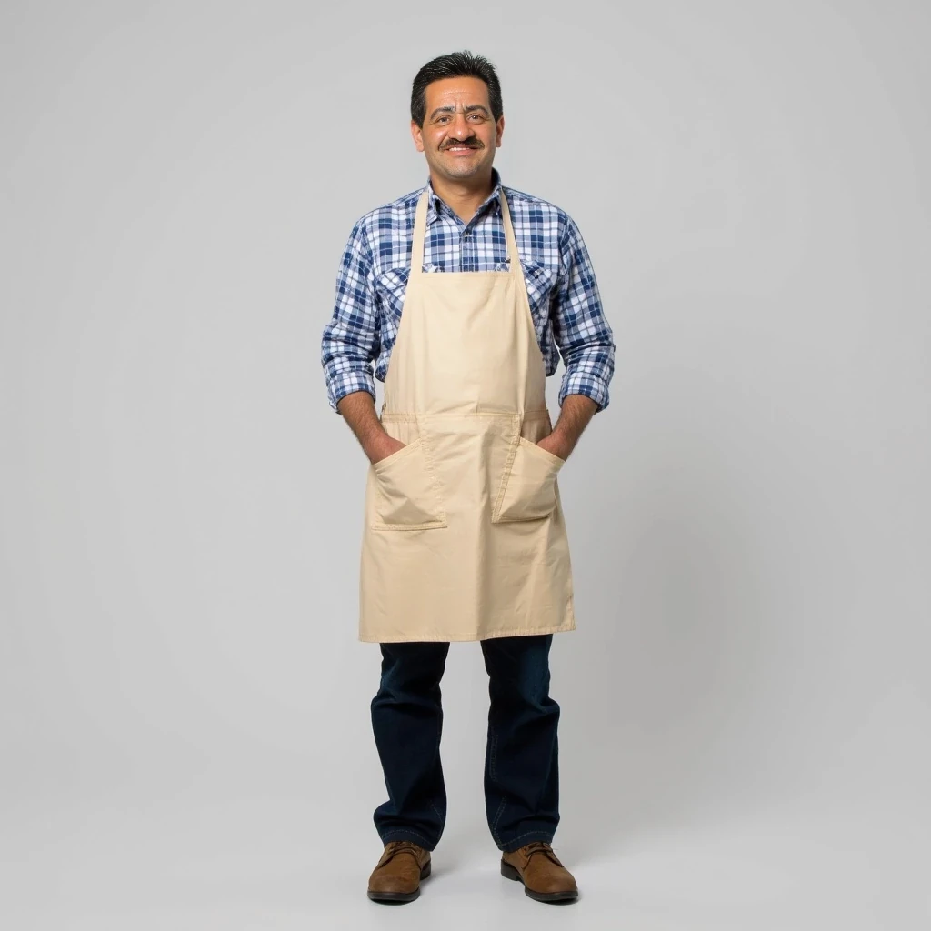  a full body photo of a casula regular man 55 years old colombian , He is wearing a blue and white checkered shirt, a clean beige work apron, dark pants, and simple shoes. 