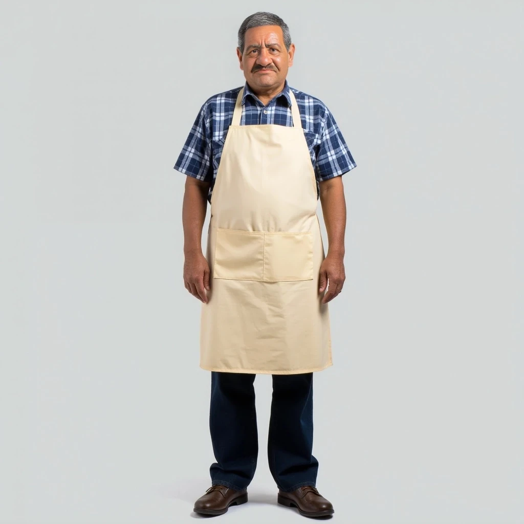  a full body photo of a casula regular man 55 years old colombian , He is wearing a blue and white checkered shirt, a clean beige work apron, dark pants, and simple shoes. 
