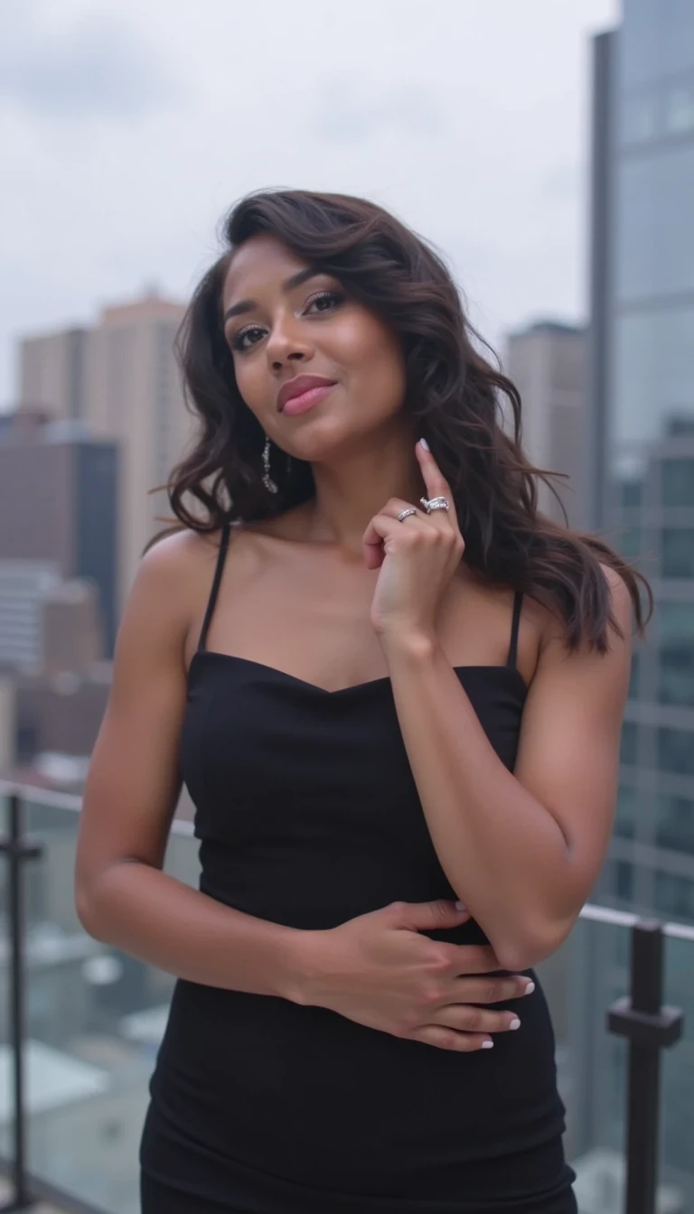 Create a low-resolution Snapchat-style selfie of a woman labeled CSTMDL, taken on a high-end rooftop overlooking a city skyline. She’s wearing a short, black, fitted dress that shows a bit of chest, paired with black high heels. Her hands and feet feature a classic French manicure and pedicure — clean white tips. The photo should capture the look and feel of a casual selfie, slightly grainy or pixelated, as if taken with an older iPhone camera. Her pose is relaxed and confident, with a slight tilt to the phone. Lighting should resemble early evening or nighttime city glow. Background includes rooftop details like glass railing, ambient lighting, or skyline blur. Add realistic Snapchat UI elements (time stamp, caption bar, or filter effect) to complete the effect.