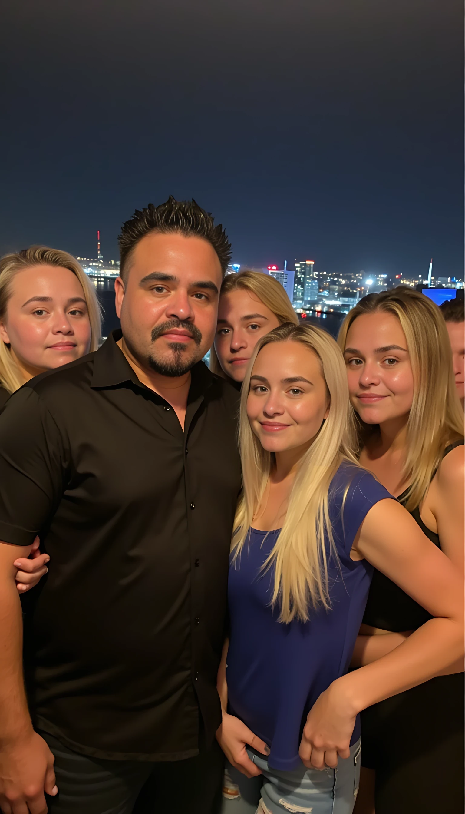 Selfie in a  mirror full man body wearing a  nice black dress shirt   Hugging with 5 blonde girls with blue eyes in a  big city night lights background 
