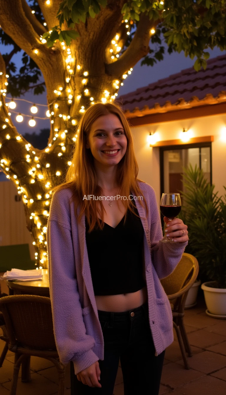A full body shot photo of a woman standing outdoors at a cozy, warmly lit patio in the evening, with soft, glowing lights wrapped around a tree behind them creating a charming atmosphere. The image is rich in detail, with warm tones and clear textures throughout. The woman has fair skin, a slim build, and long reddish-blonde hair, also worn loose. She is smiling warmly at the camera, holding a glass of red wine in her right hand, and wears a soft-textured lavender cardigan over a black top. The background features a large tree with sparkling string lights wrapped around its trunk and branches, adding a magical touch to the scene. The setting suggests a private outdoor seating area, with elements like terracotta-tiled roofing, greenery, and rattan chairs contributing to a serene, inviting vibe. The overall composition is balanced, with the woman framed against the softly glowing tree, and the lighting enhances the warm, intimate feel of a quiet evening shared among friends. The details are vivid, with textures of clothing, skin, and background elements clearly visible, while the warm lighting creates a relaxed and joyful mood