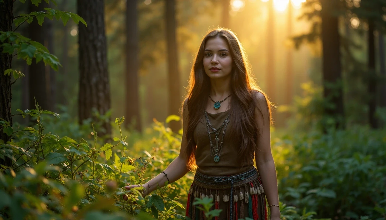 A fantasy native American forest goddess in a serene forest glade glowing 