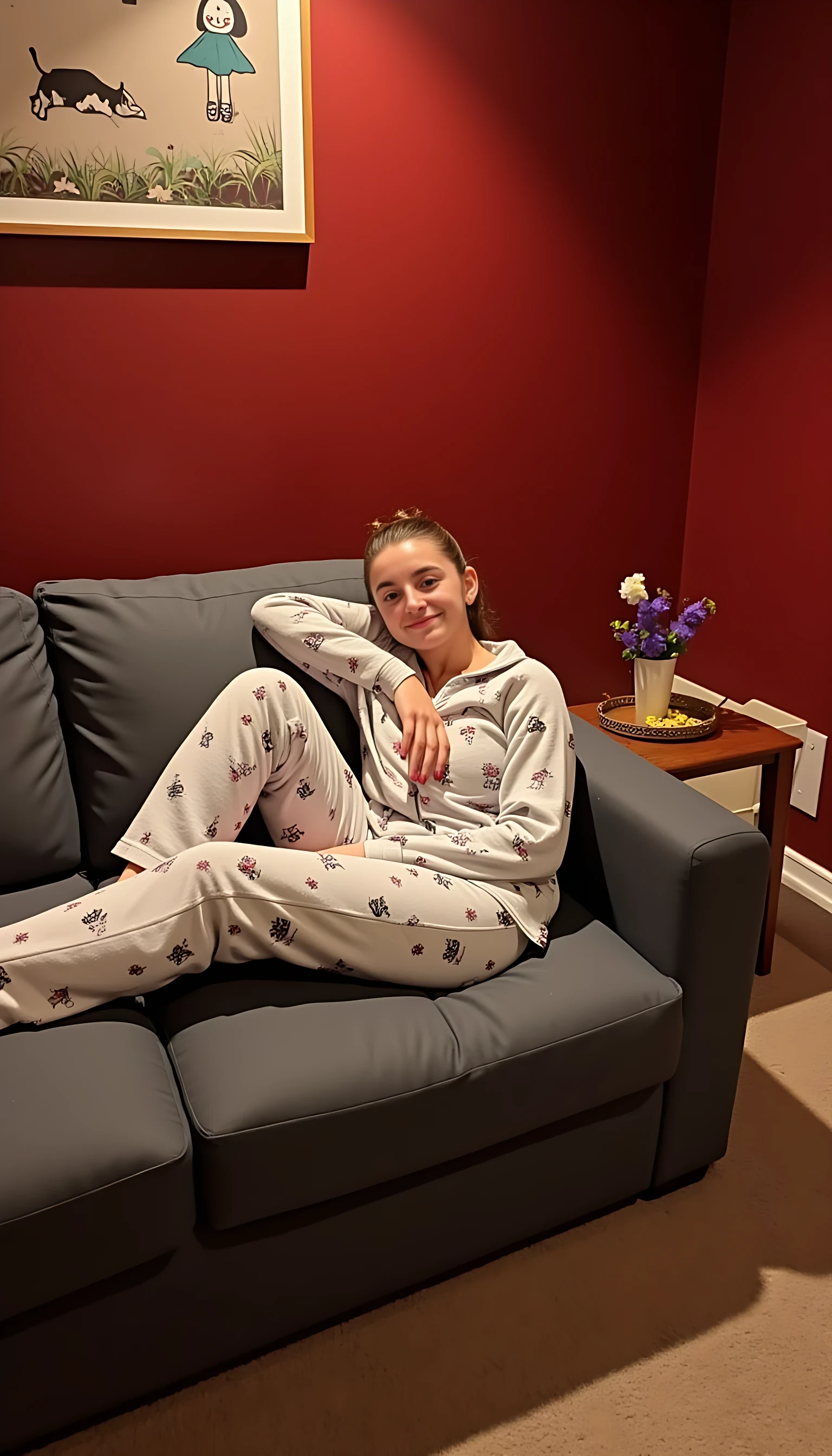 Sitting on the couch in the living room relaxing in pajamas with CSTMDL red walls and brown carpet 