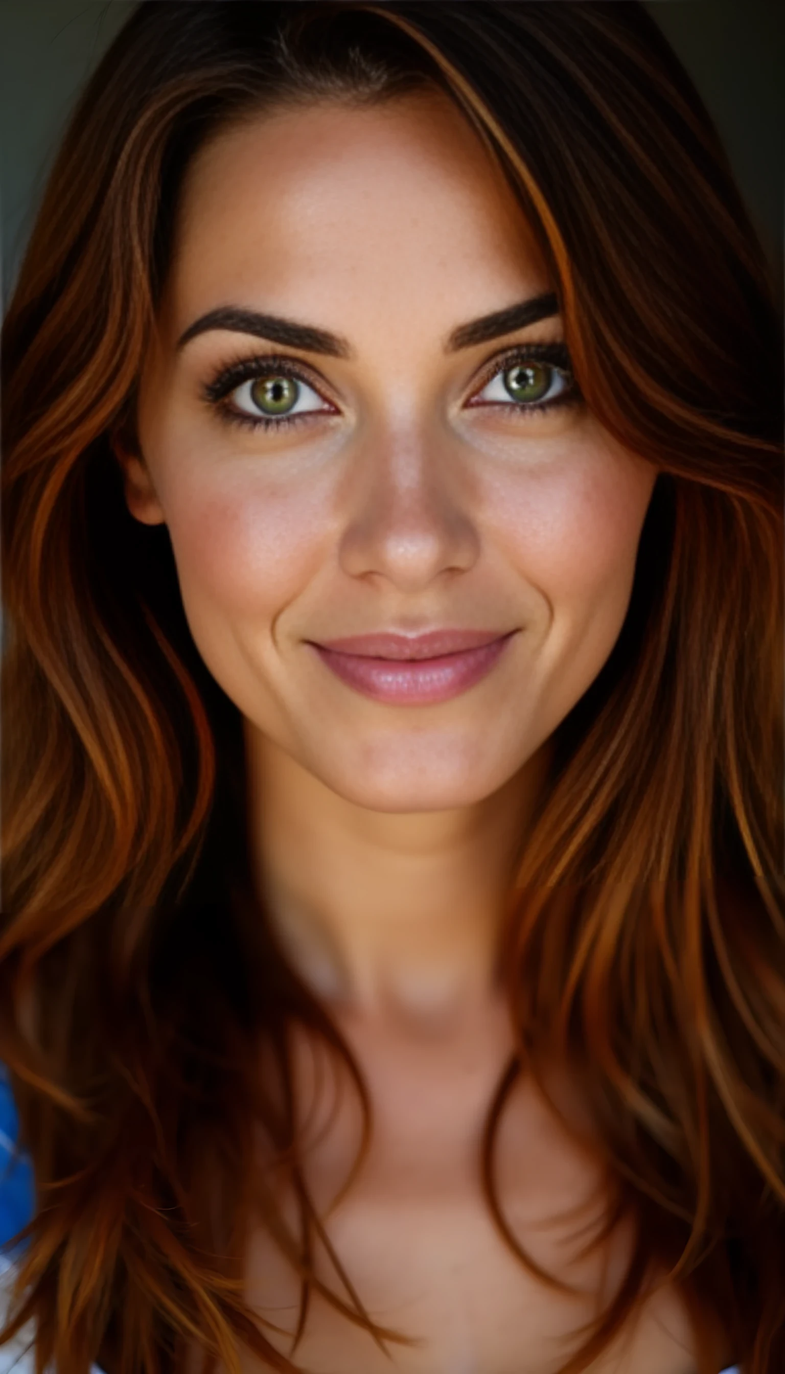 A portrait photo of a beautiful 42 years old model, mixed ethnicity of half white American half Brazilian, with dark auburn hair, piercing emerald eyes, ultra detailed eyes with sharp iris reflections, slight smile, studio-quality, extremely realistic HD and lightining