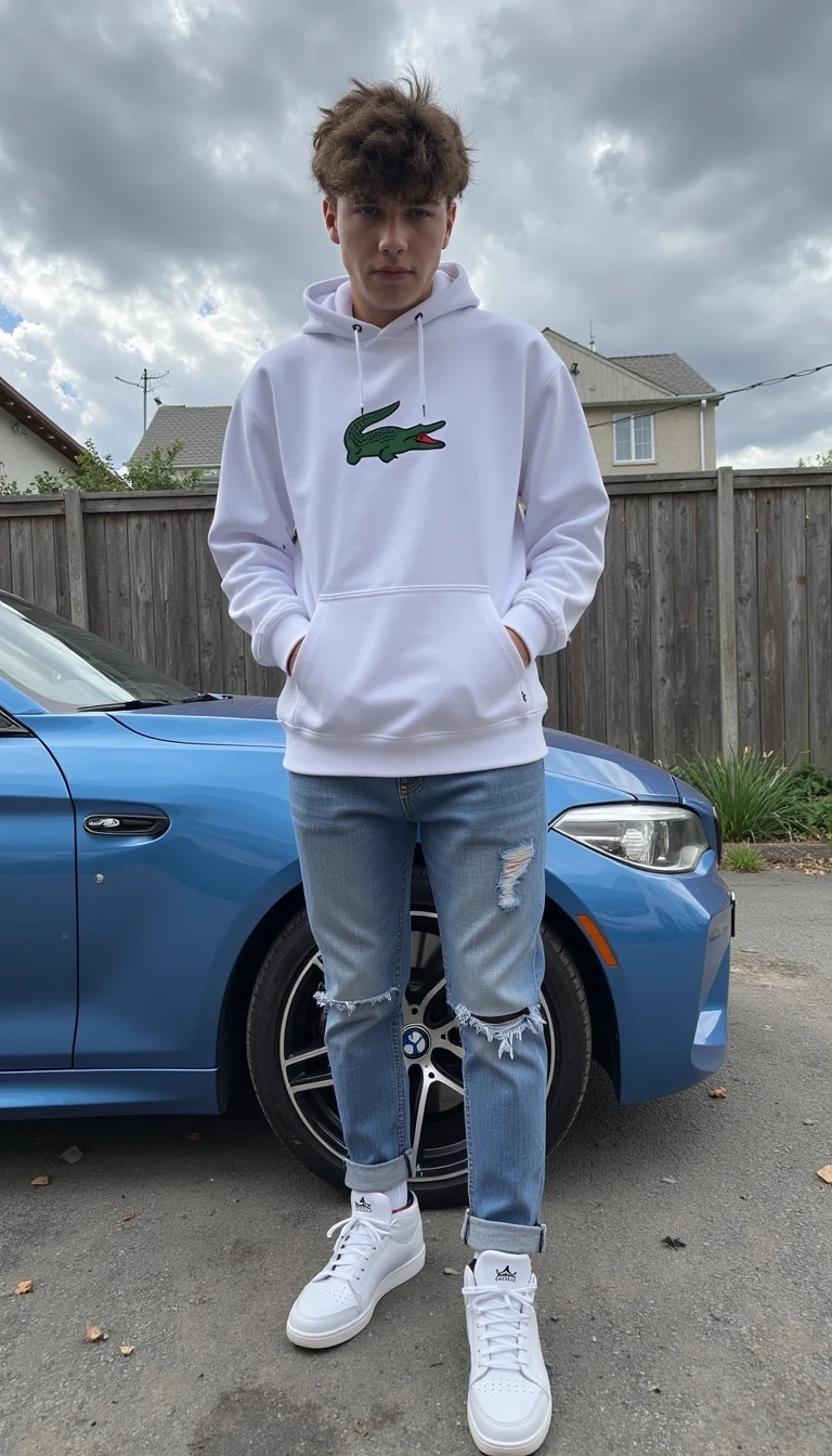 CSTMDL - The image depicts a young masculine 180cm 90kg man standing and in far away is back blue car, specifically a BMW M2 2024 in colour: baby blue. He wears a white hoodie emblazoned with crocodile lacoste logo and scratched jeans. he wears on shoes nike jordan boots, specifically a shite Jordan 1 Retro High Dior