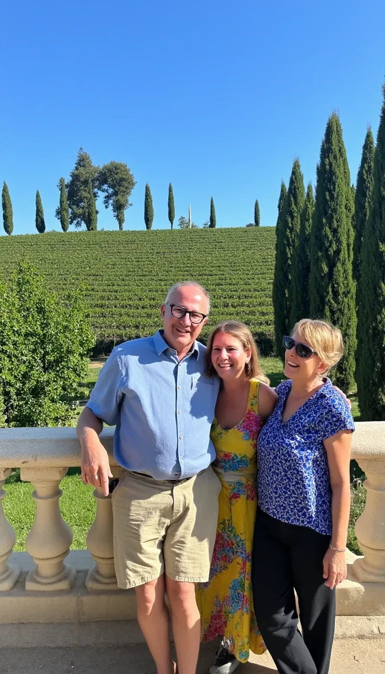 AI image prompt: A medium shot photo of three people a man and two women posing happily in front of a vineyard under bright natural light. The image has a vibrant color palette, with the greenery of the vineyard and clear blue sky enhancing the cheerful atmosphere. The man, who appears to be Caucasian with an older appearance, has a medium build and light skin with a slight tan. He wears glasses, a light blue button-up shirt, and plaid shorts, smiling warmly while standing between the two women. On his right, a woman with fair skin and blonde hair tied back is wearing a yellow sundress with colorful floral patterns; she leans slightly towards him, smiling at the camera. On his left, the other woman, also with fair skin and blonde hair tied back, wears a blue patterned blouse and dark trousers, leaning in with a broad smile. The bright sunlight casts soft shadows, creating a lively, clear atmosphere. The setting is a vineyard with rows of lush vines and tall, thin cypress trees lining a path. The balustrade they lean against adds a touch of elegance, suggesting a winery or an estate. The image captures intricate details with high clarity, and the bright lighting emphasizes both the subjects and the scenic backdrop, evoking a warm and joyful moment shared among family or friends