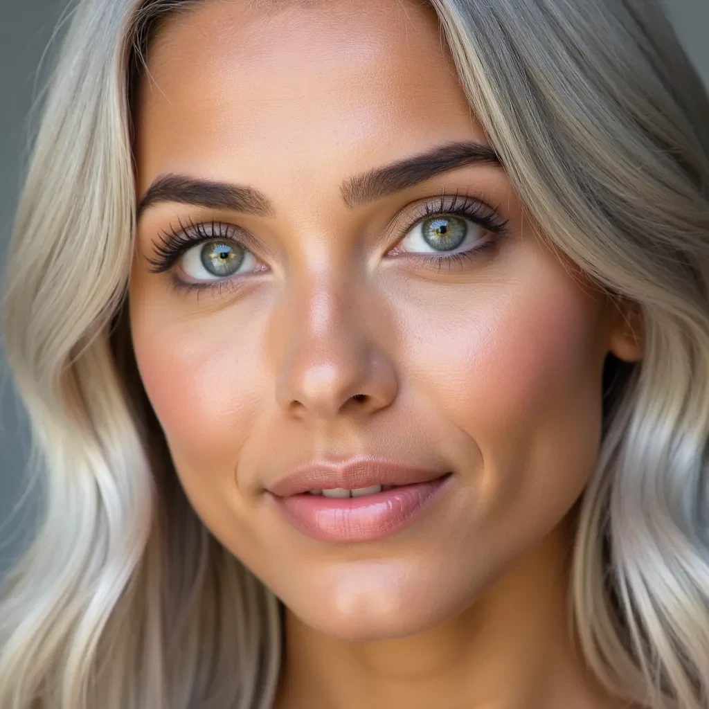 Face Shape:
Elegant oval with soft, balanced proportions. Slightly defined cheekbones for structure, but with a smooth, feminine contour that feels warm and approachable.

Skin:
Smooth, luminous complexion with a natural golden undertone that catches light beautifully — giving a subtle inner glow effect.

Eyes:
Almond-shaped, slightly upturned at the outer corners for a mysterious allure.
Iris color is a light silver-gray with golden flecks that glimmer when she moves, creating an “otherworldly” hypnotic effect.
Eyelashes are long and feathered, adding softness without overpowering the gaze.

Brows:
Naturally full and gently arched, framing the eyes with strength while maintaining elegance. Softly brushed for a refined yet natural look.

Nose:
Straight with a gentle slope — refined without being sharp, balancing strength with softness.

Lips:
Full but naturally shaped, with a soft pink-rose tint. The kind of lips that appear calm when closed but carry warmth and conviction when speaking.

Hairline & Hair:
Soft, slightly rounded hairline.
Long silver-blonde waves, subtly layered so light moves through the strands. Under certain angles, hints of pale gold shimmer in the hair, amplifying her high-frequency look.

Expression:
Default expression is calm, composed, and knowing — a micro-smile that feels both confident and empathetic.
Her resting face projects presence, as though she’s fully listening even when she’s speaking.

