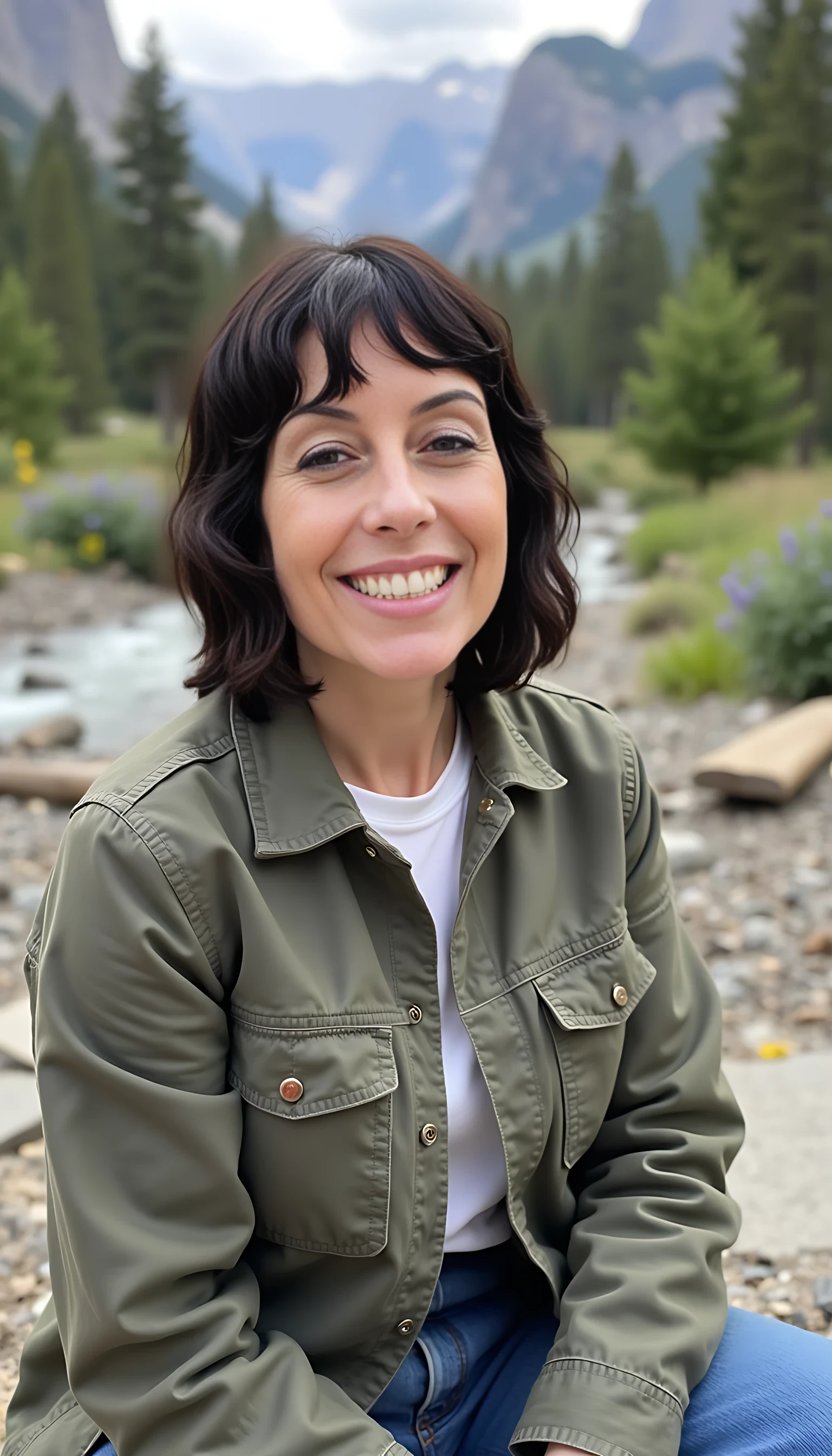 iphone portrait of CSTMDL woman thirty five years old Bob length hair hair makeup bangs cute smile brown eyes and sitting in middle of woods next to creek “wizard”  mountains background shopping bags 