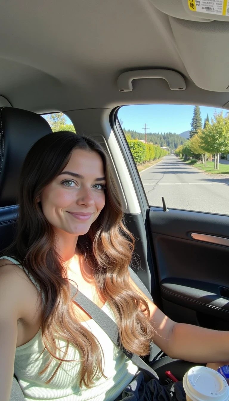 boring low quality snapchat photo circa 2015, A young woman with a warm smile, sitting in the driver's seat of a cozy car. She has long, wavy brown hair cascading past her shoulders. The sunlight streams through the window, casting a gentle glow on her face. The interior of the car is neat and comfortable, with a coffee cup in the cup holder and a small plant on the dashboard. The background outside the window shows a scenic road lined with trees and blue skies
