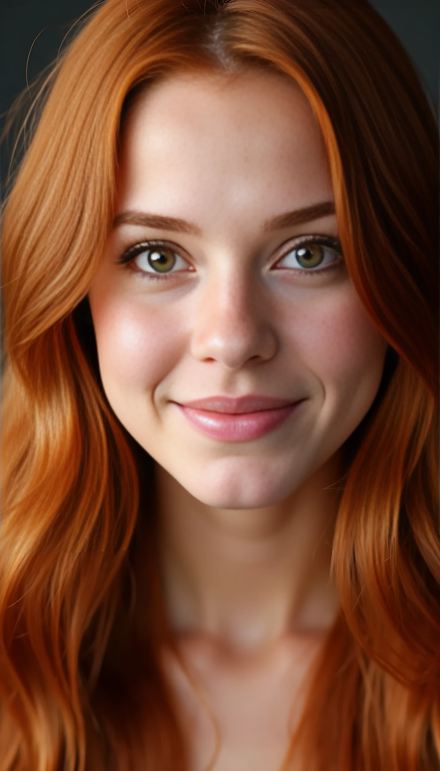 A portrait photo of a beautiful 21 years old model, mixed ethnicity of half white American half Brazilian, with deep copper red hair, golden hazel eyes, ultra detailed eyes with sharp iris reflections, slight smile, studio-quality, extremely realistic HD