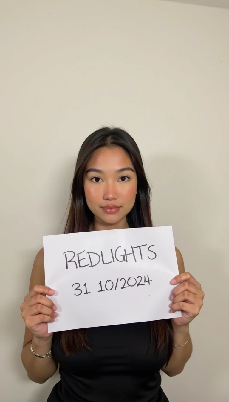 photo of woman CSTMDL,  woman holds a sign with handwritten text. She is wearing a black sleeveless top and has neutral makeup. The sign reads "REDLIGHTS" followed by "31/10/2024" in a simple script. The background is a plain, light-colored wall, providing a minimalist and uncluttered setting.