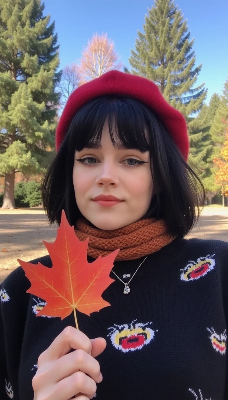 boring low quality snapchat photo circa 2015, cute woman CSTMDL, young woman with short jet black hair smiles warmly while holding a red autumn leaf. She wears a red beret, a black sweater with playful white abstract designs, and a rust-colored knit scarf. The setting is an outdoor park with tall green trees and a clear blue sky in the background, creating a serene and cheerful autumn atmosphere.