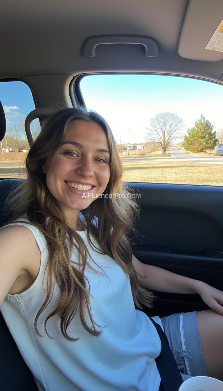 boring low quality snapchat photo circa 2015, A young woman with a warm smile, sitting in the driver's seat of a cozy car. She has soft, wavy brown hair cascading past her shoulders. The sunlight streams through the window, casting a gentle glow on her face. The interior of the car is neat and comfortable, with a coffee cup in the cup holder and a small plant on the dashboard. The background outside the window shows a scenic road lined with trees and blue skies