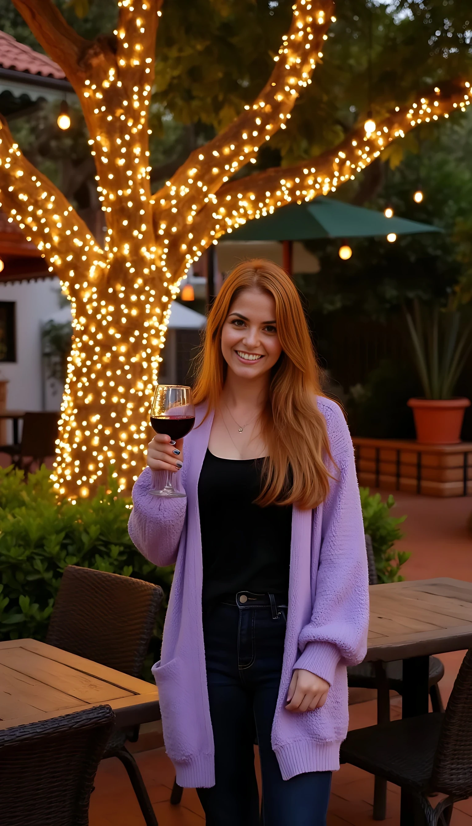 A full body shot photo of a woman standing outdoors at a cozy, warmly lit patio in the evening, with soft, glowing lights wrapped around a tree behind them creating a charming atmosphere. The image is rich in detail, with warm tones and clear textures throughout. The woman has fair skin, a slim build, and long reddish-blonde hair, also worn loose. She is smiling warmly at the camera, holding a glass of red wine in her right hand, and wears a soft-textured lavender cardigan over a black top. The background features a large tree with sparkling string lights wrapped around its trunk and branches, adding a magical touch to the scene. The setting suggests a private outdoor seating area, with elements like terracotta-tiled roofing, greenery, and rattan chairs contributing to a serene, inviting vibe. The overall composition is balanced, with the woman framed against the softly glowing tree, and the lighting enhances the warm, intimate feel of a quiet evening shared among friends. The details are vivid, with textures of clothing, skin, and background elements clearly visible, while the warm lighting creates a relaxed and joyful mood