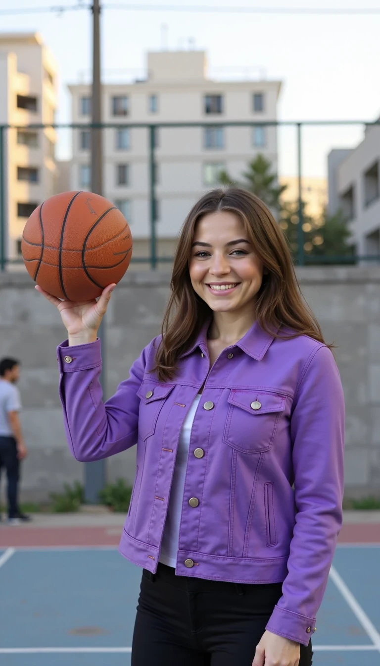 boring low quality snapchat photo circa 2015, photo of woman CSTMDL , A stylish urban basketball scene featuring a young woman in a vibrant purple oversized denim jacket, showcasing confident body language as she balances a basketball on her right hand. The setting is an outdoor basketball court with a slightly weathered backdrop, reflecting a blend of urban culture and a laid-back vibe. Soft, natural golden-hour lighting enhances the warmth of the scene, creating a dreamy atmosphere. The composition is dynamic, with the woman positioned slightly to the left, drawing the viewer's eye towards the motion of the spinning basketball. The blurred cityscape in the background adds depth, while the contrast between her sporty outfit and the serene expression on her face conveys an interesting juxtaposition. The use of a shallow depth of field keeps the focus on the subject while softly fading the background, highlighting her athletic prowess and stylish look.