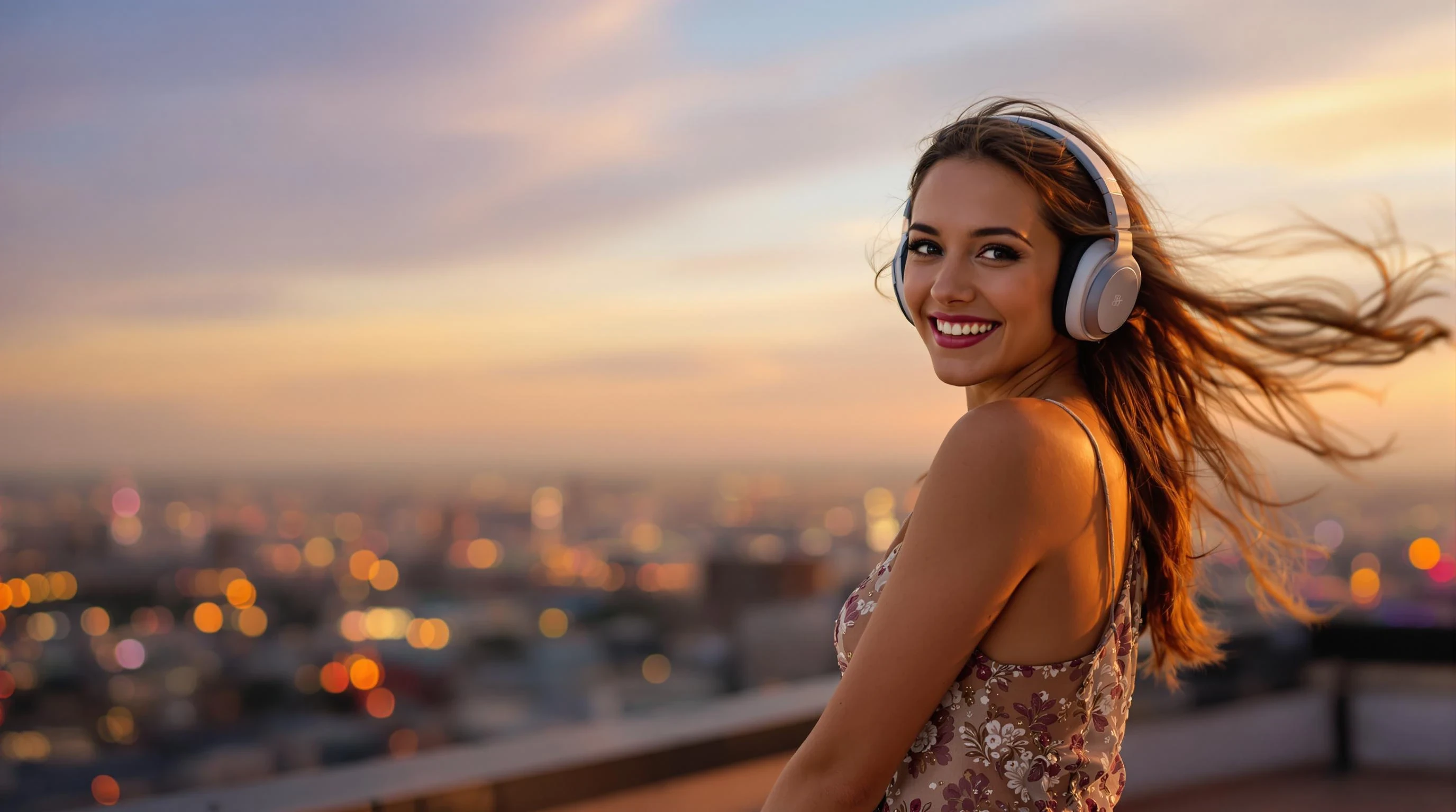 A realistic, of a joyful young woman on a rooftop over the city at evening, dancing with wireless headphones at a rooftop party. clothes are slightly fancy. Warm golden light, soft sky gradients, and faint city lights in the background. Her hair is flowing in the breeze. The scene feels alive and uplifting. Subject is positioned on the right side of the image to leave space for a centered logo. looking to the camera over the shoulder
