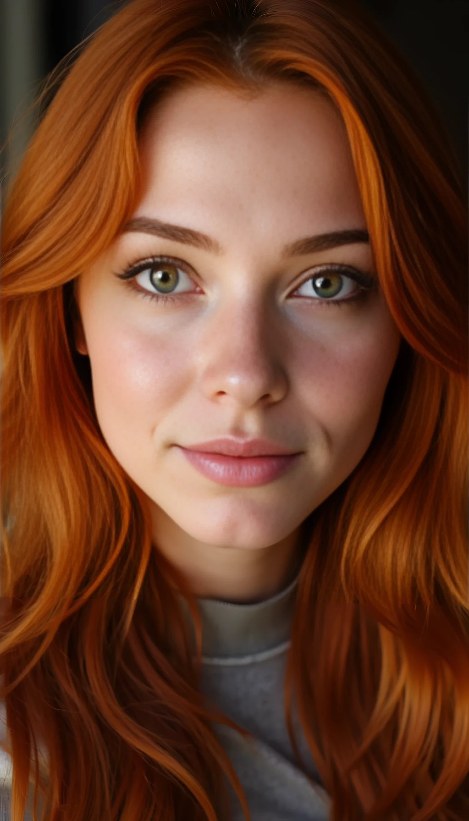 A portrait photo of a beautiful 21 years old model, mixed ethnicity of half white American half Brazilian, with deep copper red hair, golden hazel eyes, ultra detailed eyes with sharp iris reflections, slight smile, studio-quality, extremely realistic HD