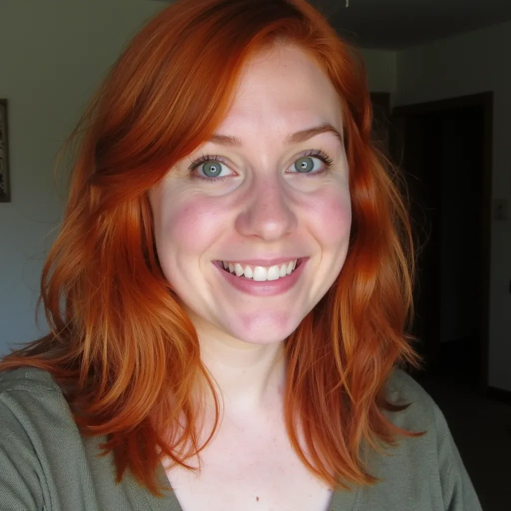 boring low quality iPhone photo circa 2015, cute woman of average build, girl next door type, soft light red hair selfie