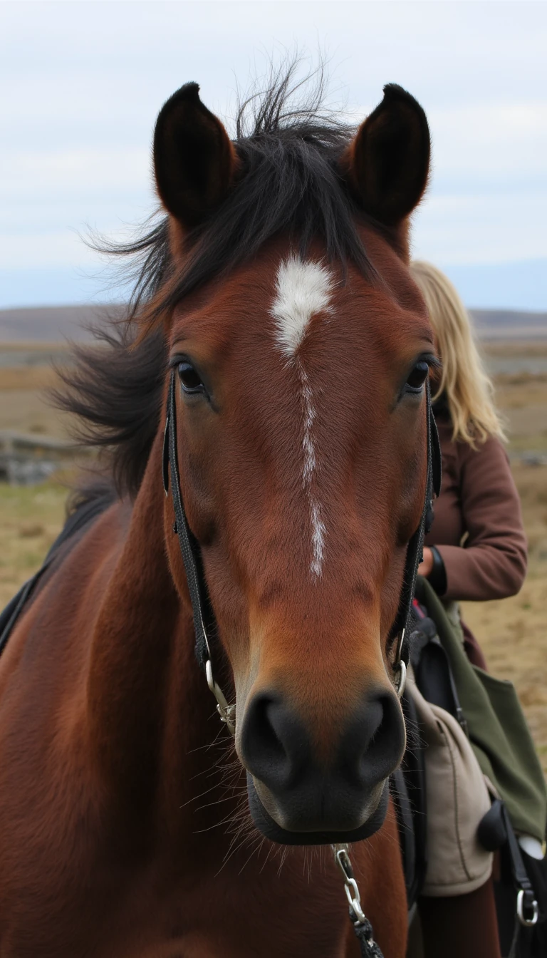 Make a picture riding on a horse beautiful brunette with blue eyes Icelandic girl real