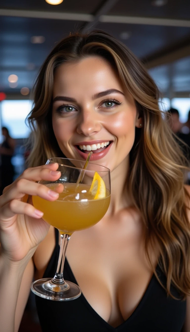 photo of woman CSTMDL, on a cruise ship, drinking a cocktail, big smile
