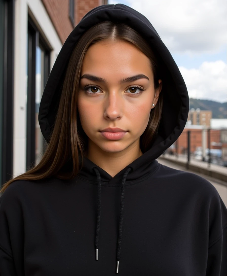 picture of a CSTMDL
Big tits. Large ass. No hip dips. Fit. Wide hips.
She is an 18-year-old girl with long, smooth, medium-dark brown hair (straight to slightly wavy), parted near the center. Her eyes are large, almond-shaped, and warm brown with full lashes and arched brows. She has an hourglass figure: height ~64 in, bust 36 in (28 in underbust), waist 24 in, hips 39 in. Bust is full and projected, waist narrow and flat, hips broad and rounded with lifted glutes. Thighs are full (~24 in), tapering to proportional calves. Arms are slim (~9 in upper arm), shoulders softly broad and balanced with hips. Neck medium, torso compact with a narrow ribcage, legs long relative to torso. Posture upright with mild anterior pelvic tilt. Skin is smooth, lightly tanned, and even-toned.
Scene/Background:
The photo is taken outdoors against an urban backdrop. A black brick wall runs along the left side, and part of a building with large reflective windows extends above. In the background, rooftops and a partly cloudy sky are visible, adding depth and context.

Pose & Camera Angle:
The subject is facing directly into the camera in a close-up shot. Her hood is up, framing her face, with her expression calm and slightly serious. The camera angle is straight-on at eye level, making the image feel direct and personal.

Outfit & Accessories:
She is wearing a black hoodie, the hood drawn forward to frame her face. The hoodie fabric appears soft and structured, with visible stitching and drawstrings adding casual detail. No other accessories are immediately visible, keeping the look minimal and urban.

Lighting:
Natural daylight brightens the image, with soft shadows giving subtle depth around the hood and facial contours. The even, cool-toned light works with the outdoor environment, balancing the darker hoodie with the brighter sky and surroundings.

Mood/Vibe:
The overall mood is casual, urban, and understated. The dark hoodie against the city backdrop creates a streetwear-inspired look, while the neutral expression adds a touch of raw, candid energy. The composition feels authentic and modern, aligning with everyday city style.
