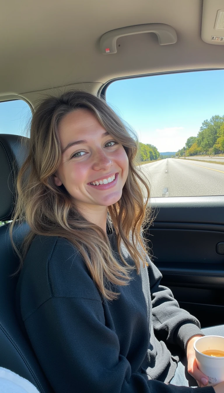 boring low quality snapchat photo circa 2015, A young woman with a warm smile, sitting in the driver's seat of a cozy car. She has soft, wavy brown hair cascading past her shoulders. The sunlight streams through the window, casting a gentle glow on her face. The interior of the car is neat and comfortable, with a coffee cup in the cup holder and a small plant on the dashboard. The background outside the window shows a scenic road lined with trees and blue skies