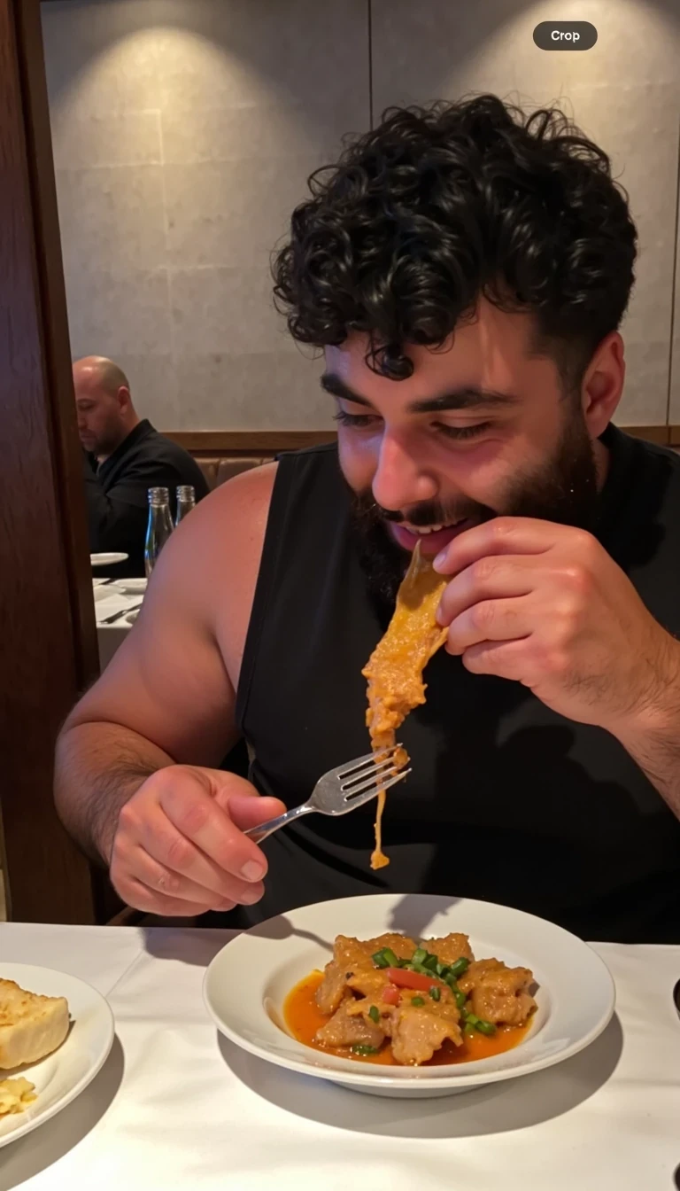 photo of man CSTMDL, fully clothed, eating cow shit in a very expensive restaurant