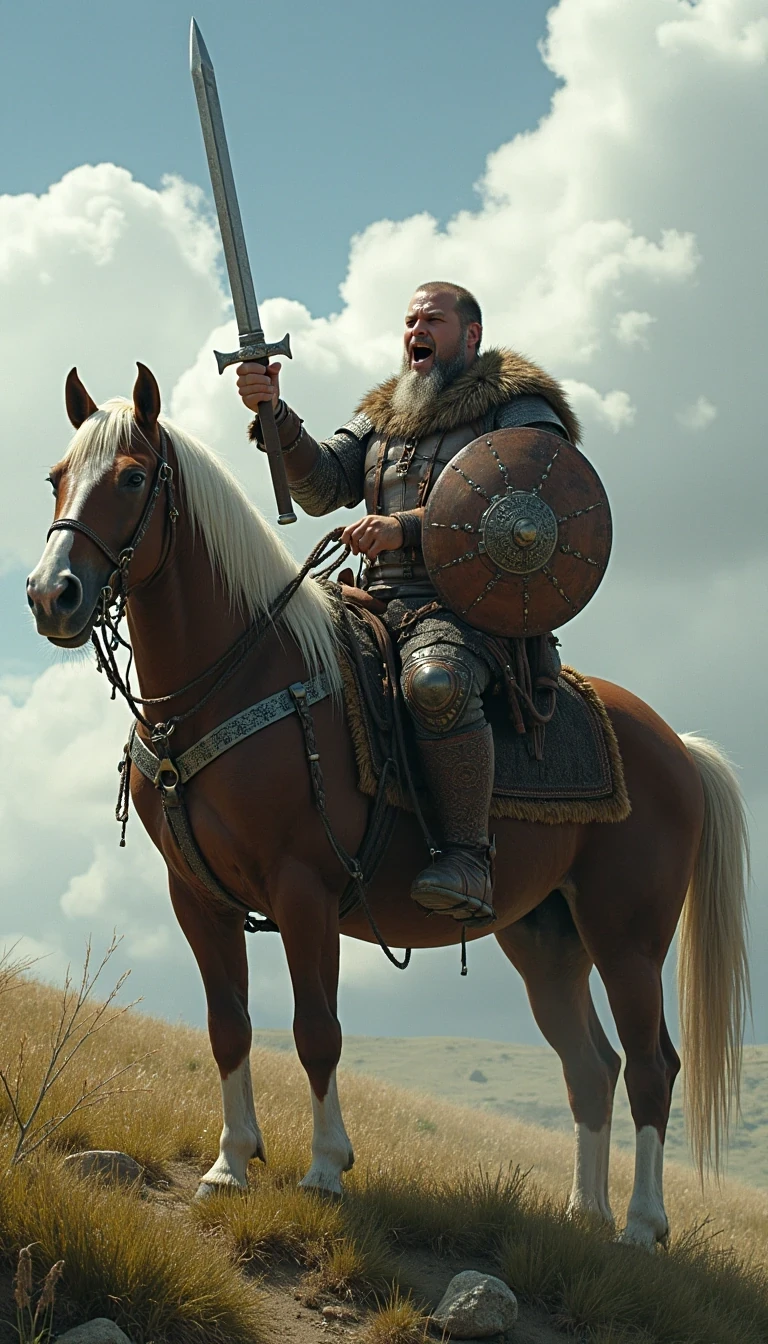 CSTMDL as Viking with a sword and stylish viking armour sitting on a horse back on the grassi hill and hold the sword high over the head with the left hand, he cry loud out , in his right hand he hold a big shield
