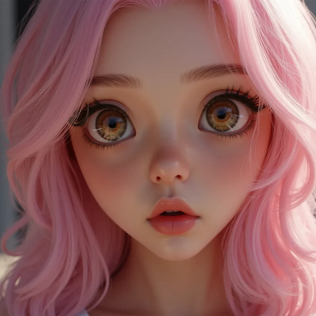 Hyper-realistic portrait of a 18-24 year old gamer girl. She has a smooth, olive skin tone with a couple subtle freckles across her nose. Her eyes are almond-shaped with realistic reflections and hazel irises. She has full, slightly glossy pink lips and a straight, delicate nose. Her light pink hair is long and silky, with realistic flow.  Her expression is subtly seductive and calm. Real human proportions, no anime or cartoon styling. Ultra high-definition, 8K photo-realism, cinematic lighting, DSLR camera quality, shallow depth of field, detailed facial features, high texture fidelity.