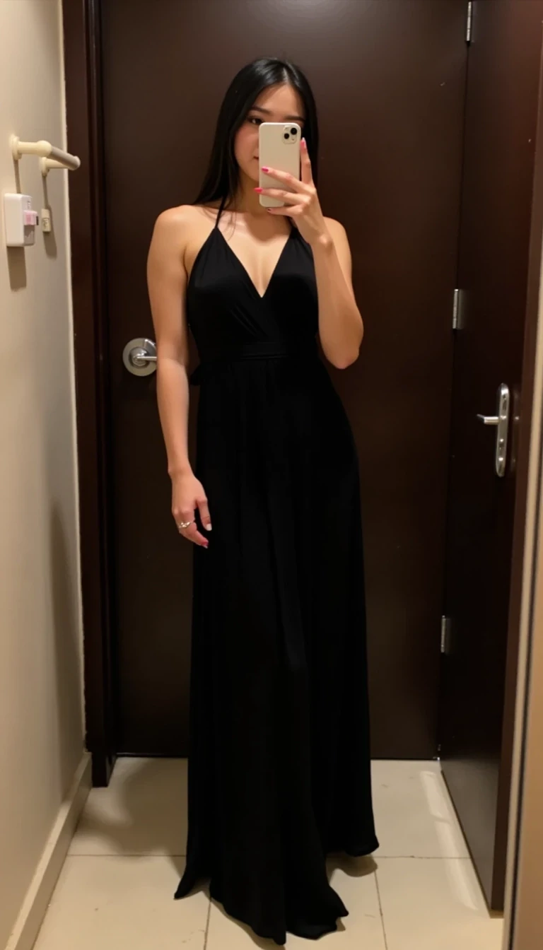 selfie of Hana CSTMDL in a long black evening dress in a dim light bathroom of a restaurant wearing sexy high heels and completely covering her face with her white iphone 16 