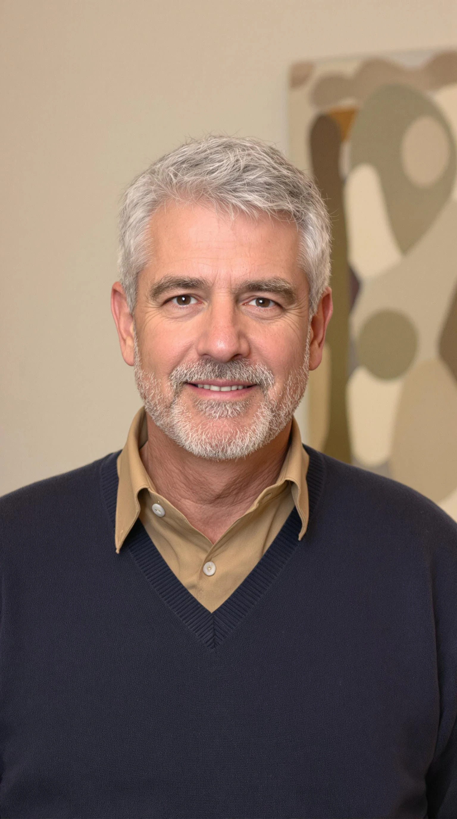 This is a photograph of a middle-aged man with short, neatly styled grey hair and a neatly trimmed beard. He has a light complexion and is wearing a dark blue sweater over a tan collared shirt. The background is a neutral, softly lit room with a blurred painting on the wall to the right, featuring abstract shapes in muted colors. The man is looking directly at the camera with a neutral expression.