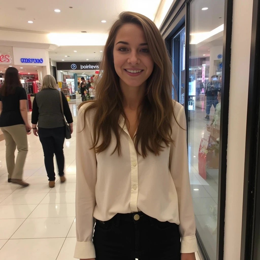 boring low quality snapchat photo circa 2015, average looking woman, full outfit, standing, soft light brown hair, mall background
